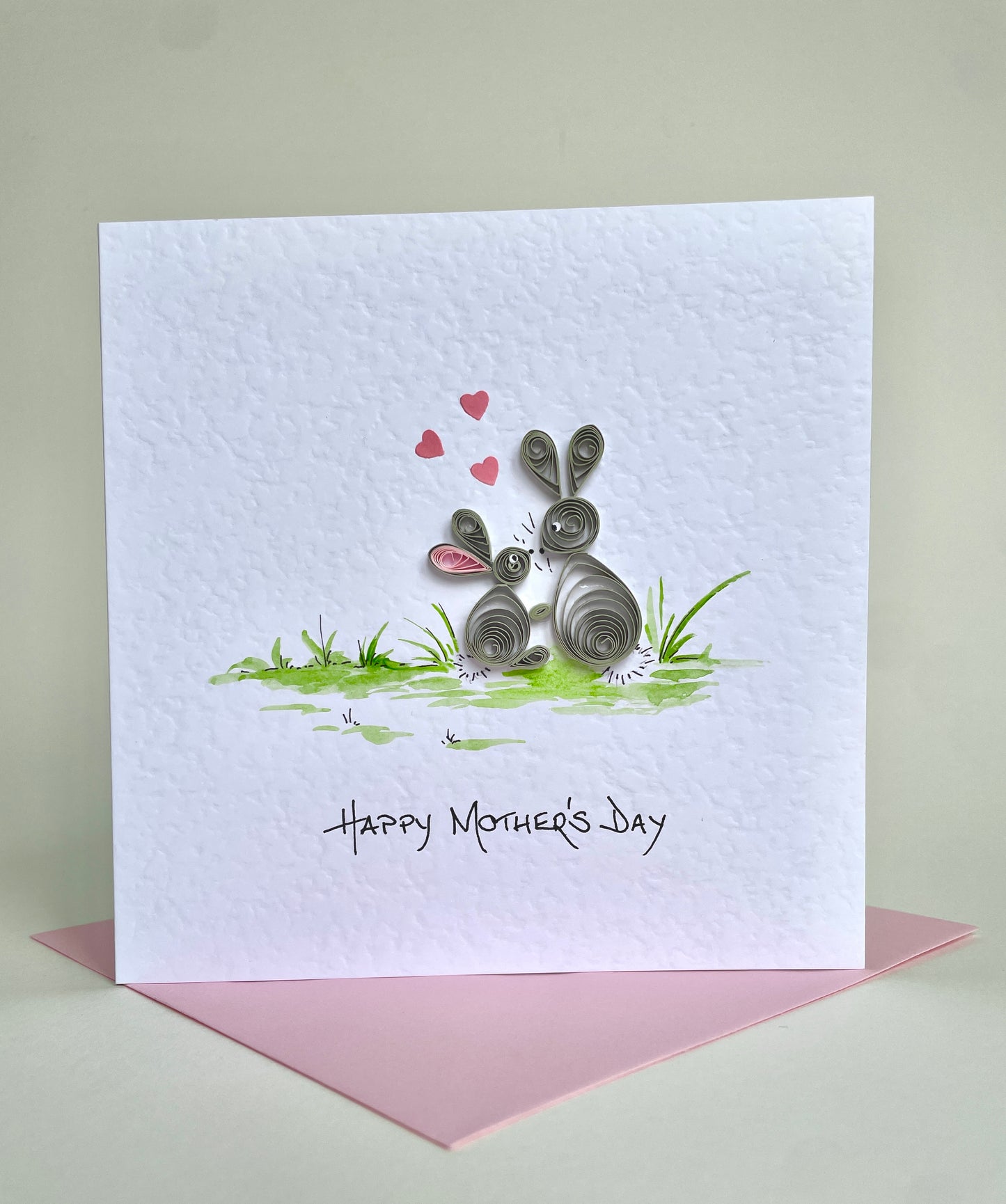 Handmade Bunny Mother’s Day Card - 3D Quilled Rabbits with Paper Hearts