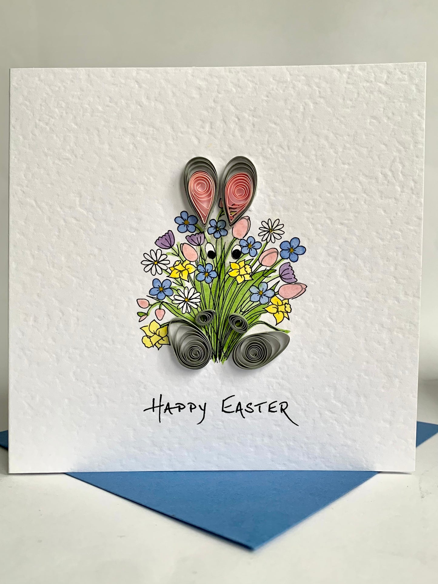Hand Painted Quilled Easter Card - Peek-a-Boo!- Quilled Bunny with Spring Flower Bouquet