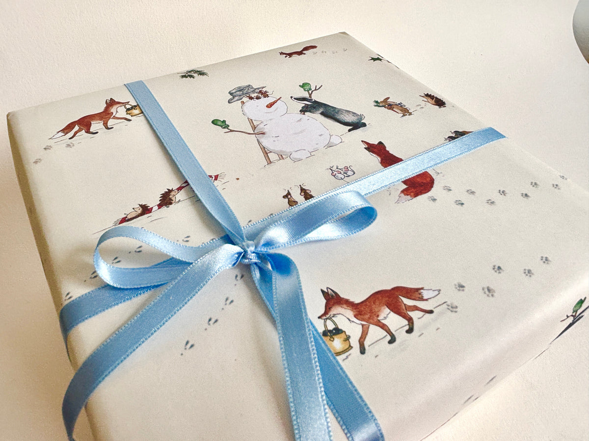 Christmas Wrapping Paper – Snowman & Woodland Animals Snow Scene - Original Watercolour Gift Wrap
