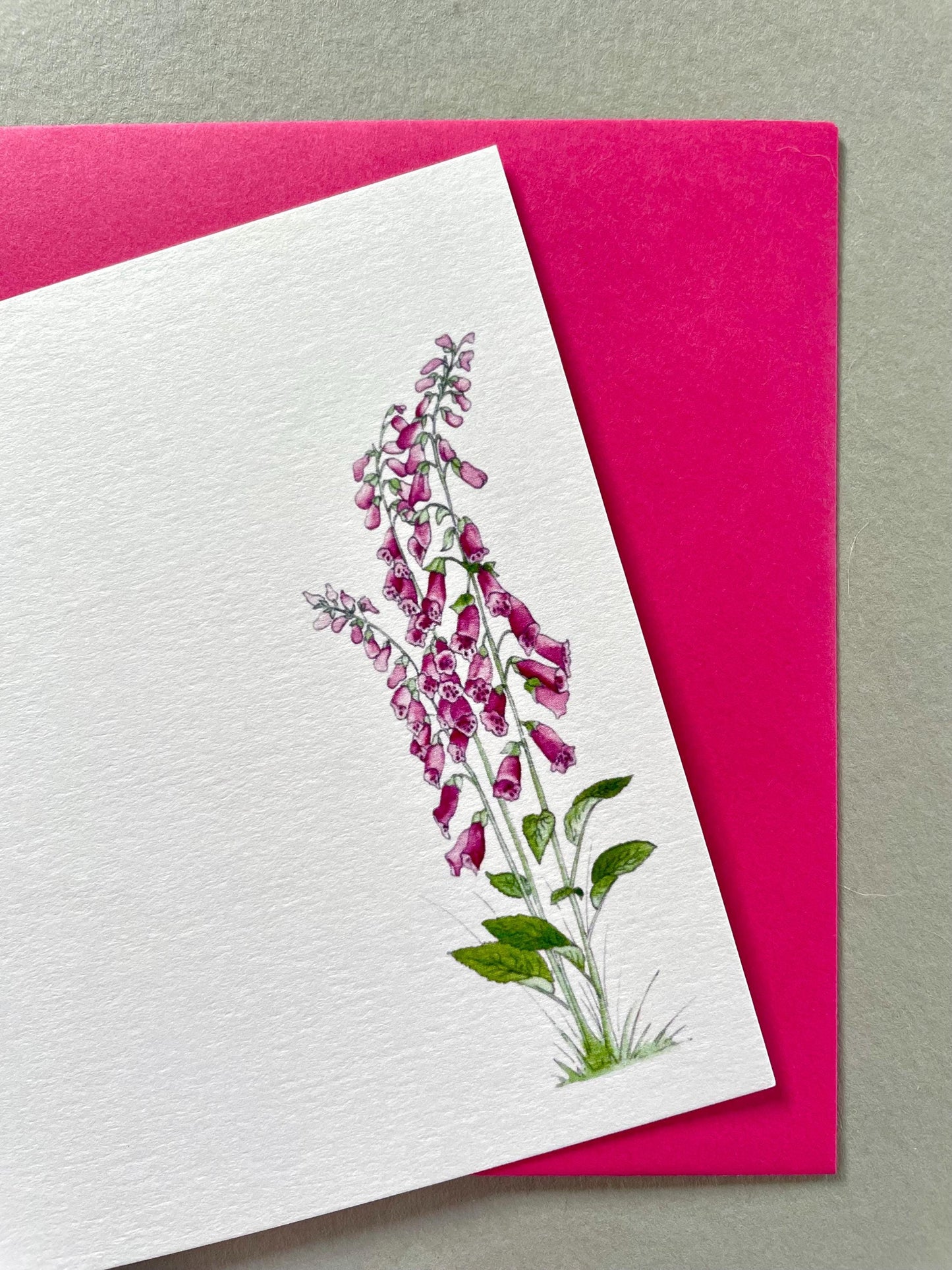 Close-up view of foxglove watercolour printed onto fine quality cardstock. Designed and printed in the UK
