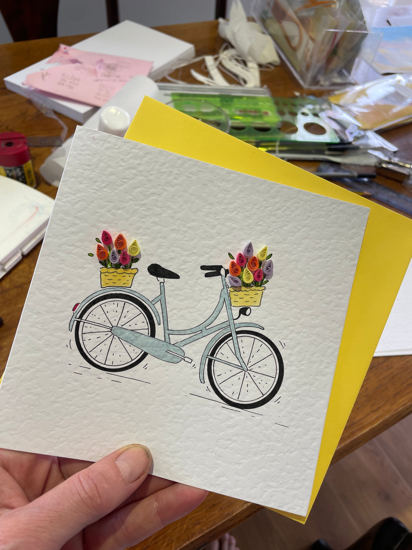 Hand Painted Bicycle Card with Quilled 3D Paper Tulips