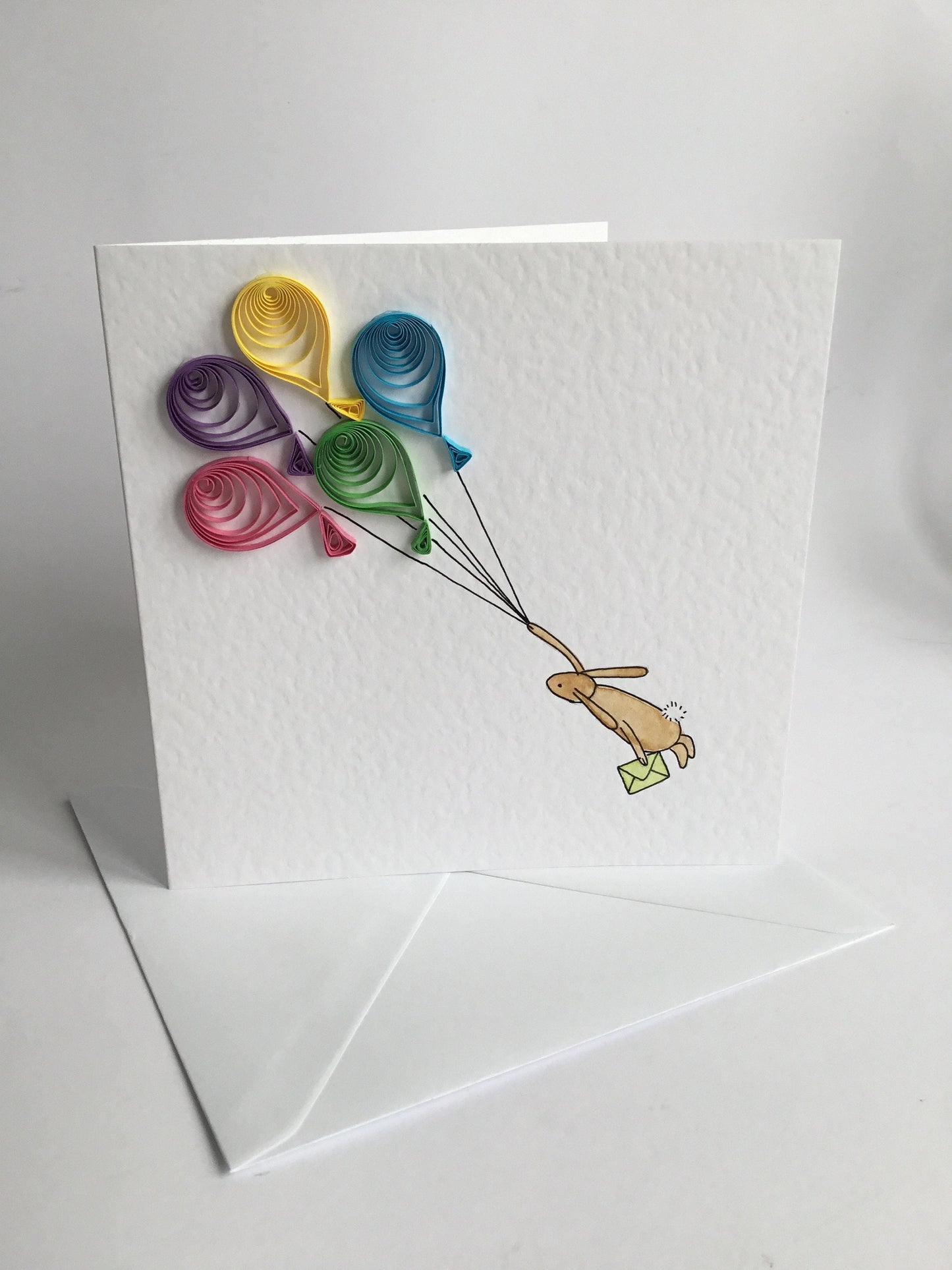 Hand Painted Bunny Card with 3D Quilled Balloons