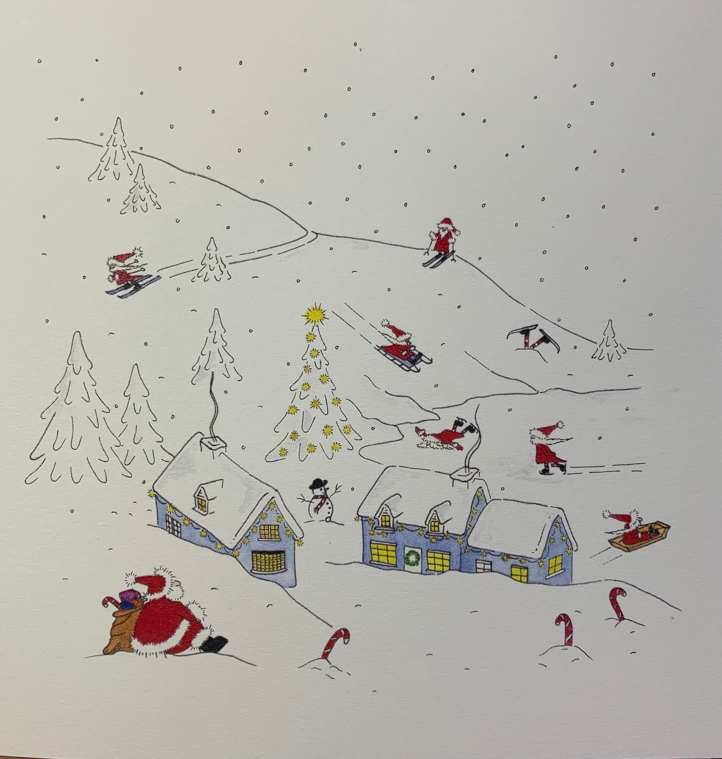 Pack of 5 Fun Charity Christmas Cards - Father Christmas / Santa & Elves - Winter Snow Skiing Holiday Cards - Watercolour - Glitter Option