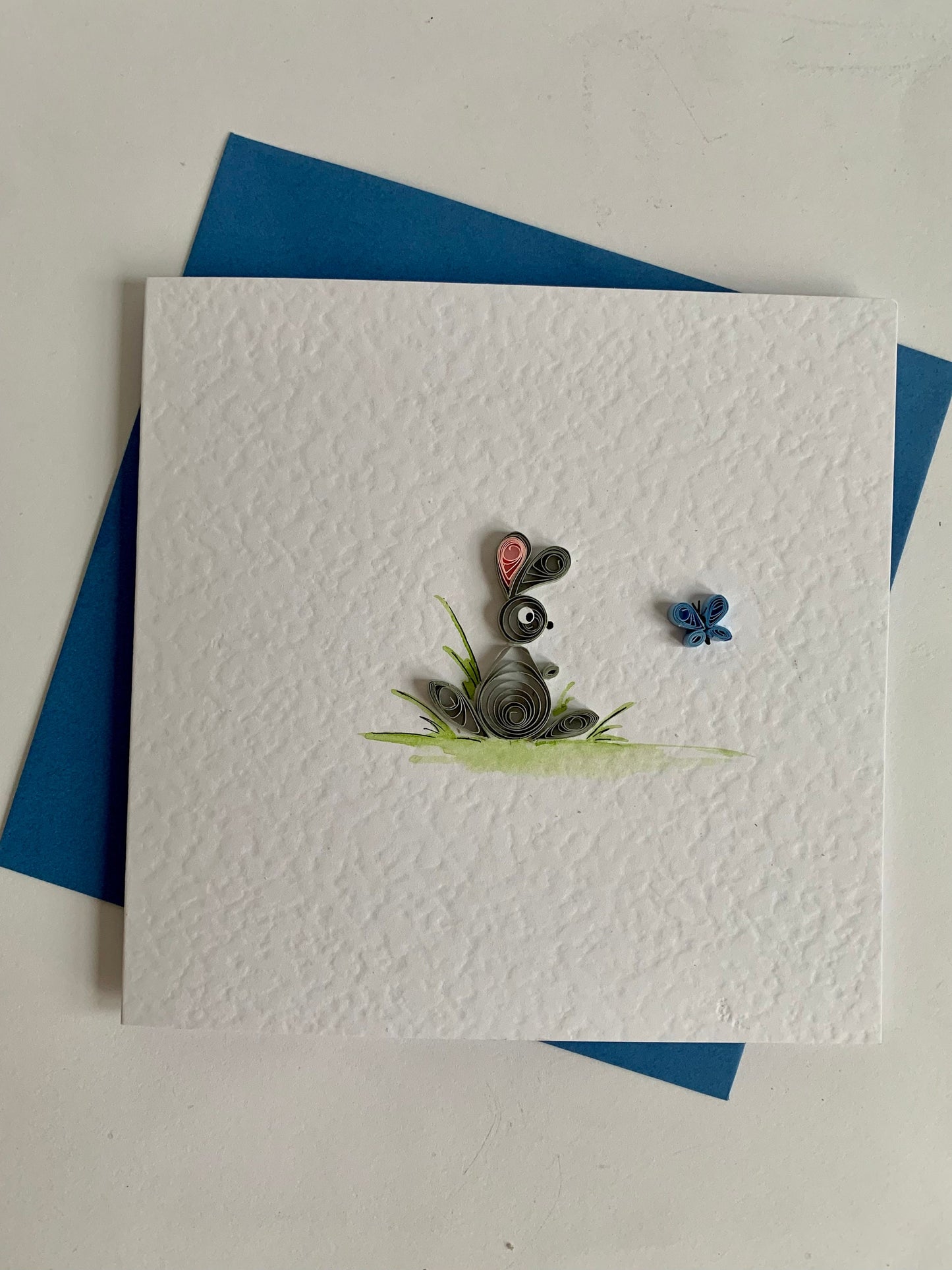 Quilled Baby Bunny Card - Hand Painted with Paper Butterfly