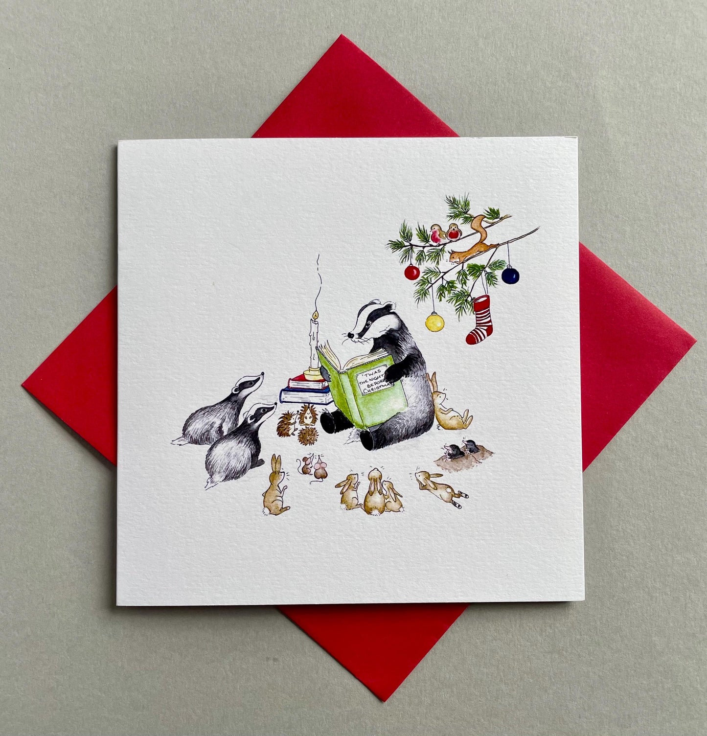 Special Single Woodland Animals Charity Christmas Card - Badger Christmas Story - Traditional Watercolour Rabbit Hedgehog Squirrel - Glitter