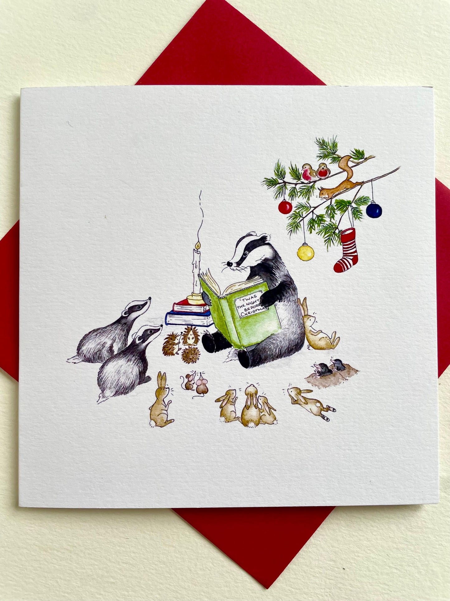 Special Single Woodland Animals Charity Christmas Card - Badger Christmas Story - Traditional Watercolour Rabbit Hedgehog Squirrel - Glitter