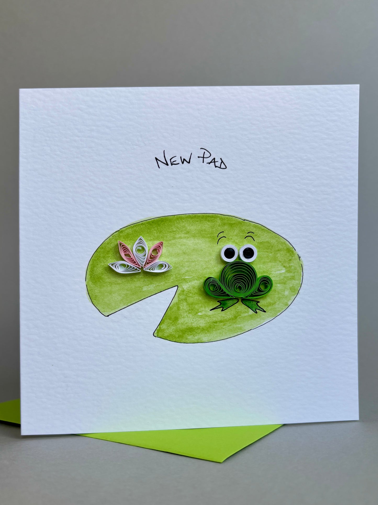 Handmade 3D New Home Card - New Pad - Quilled Frog & Flower on Hand Painted Lily Pad