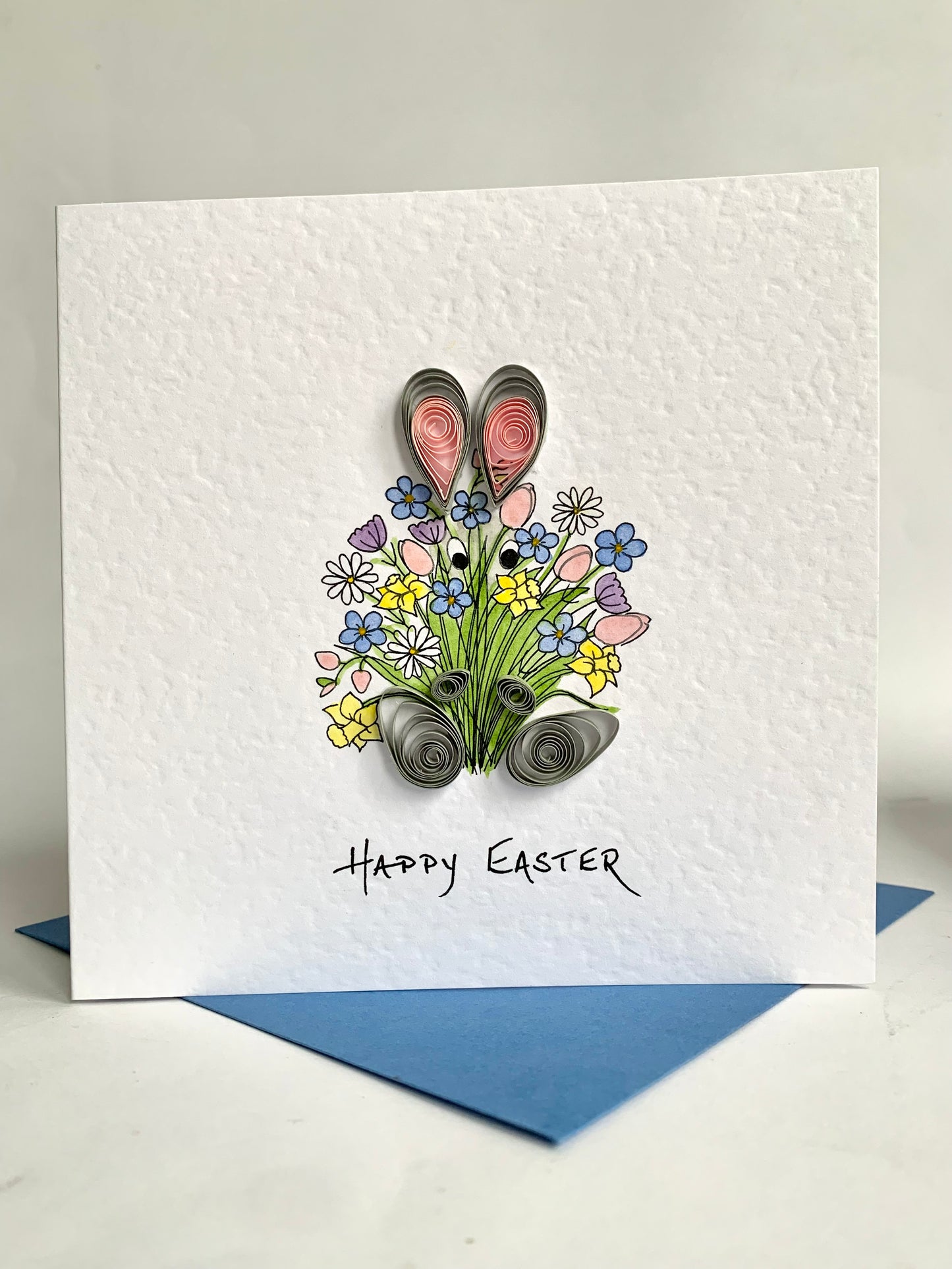Hand Painted Quilled Easter Card - Peek-a-Boo!- Quilled Bunny with Spring Flower Bouquet