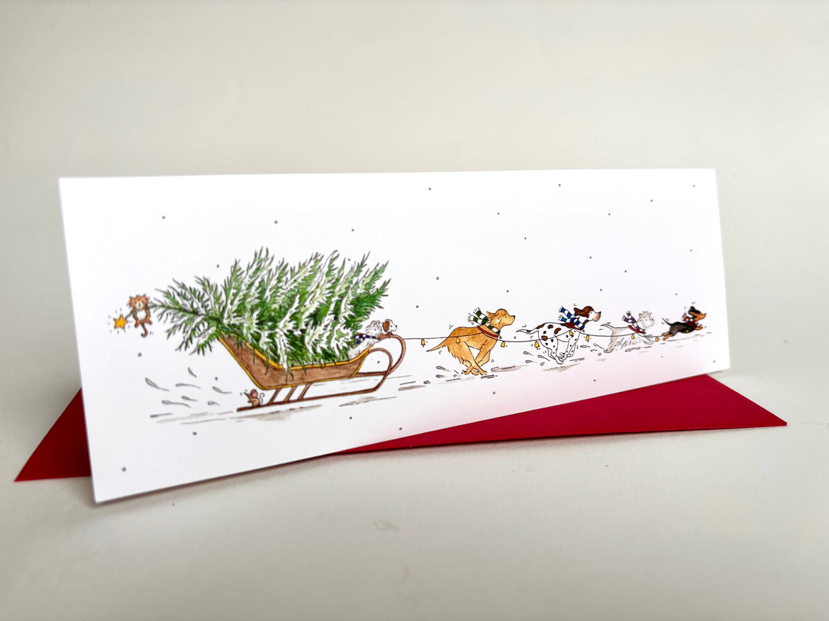 Snow Dogs Charity Christmas Cards – Christmas Tree & Dog Sleigh Watercolour – Pack of 5