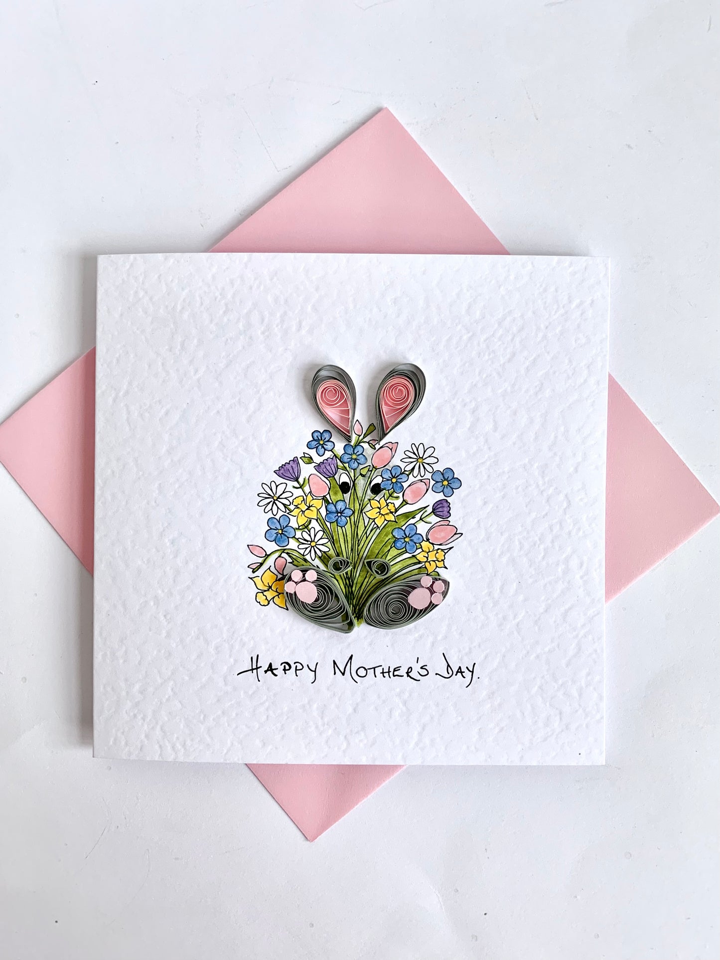 Hand Painted Mother’s Day Card - Peek-a-Boo!- Quilled Bunny with Spring Flower Bouquet