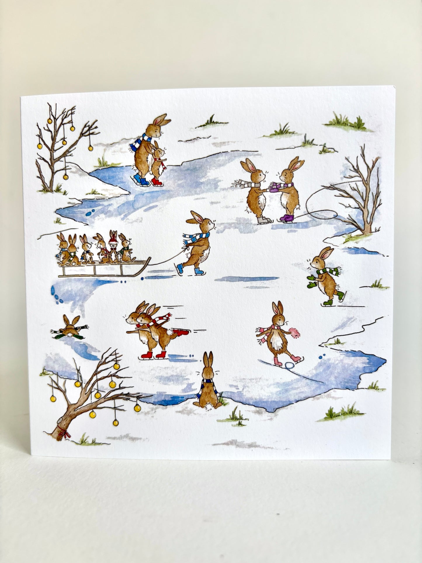 Rabbit Christmas Card - Skating Bunnies Winter Scene - Single Card