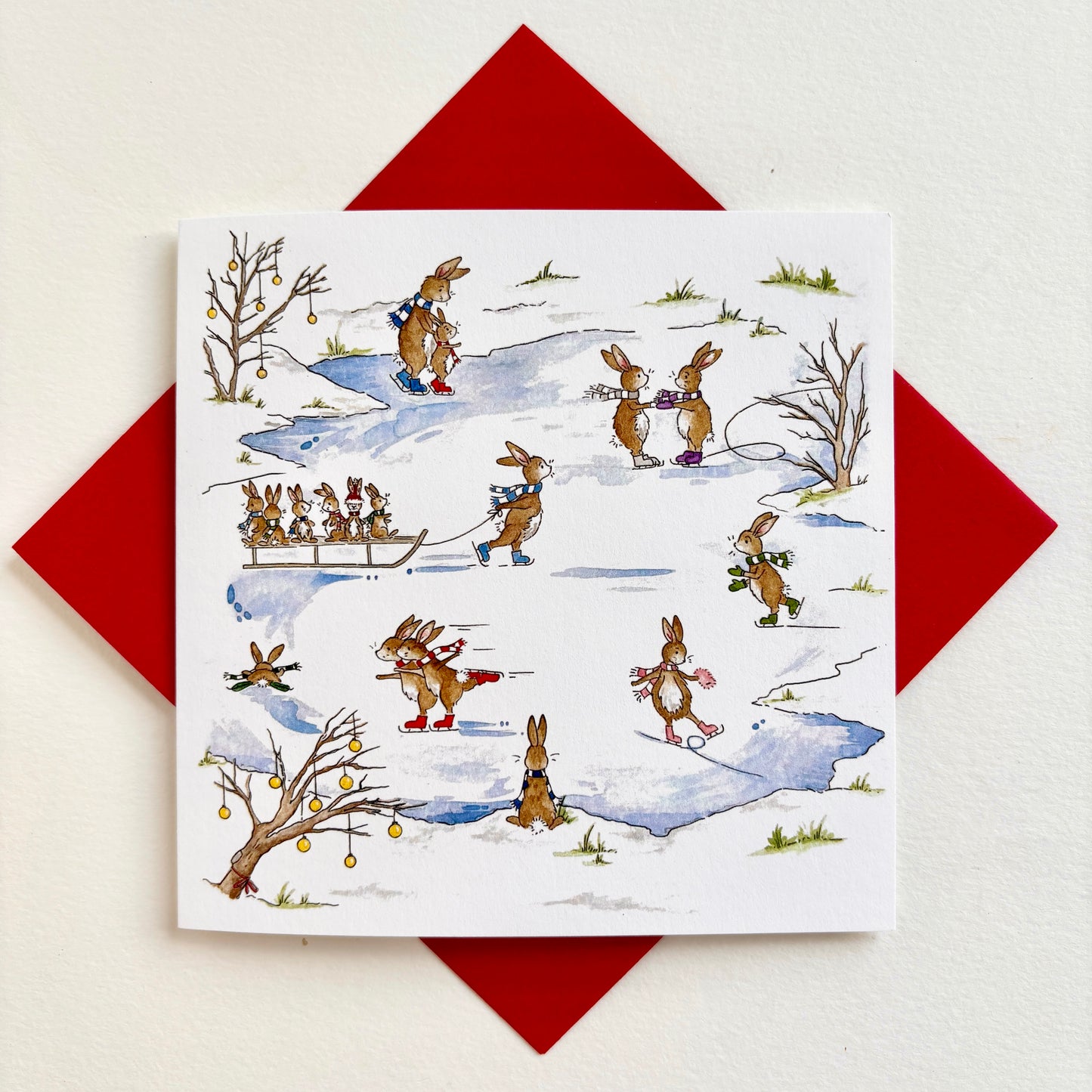 Rabbit Christmas Card - Skating Bunnies Winter Scene - Single Card