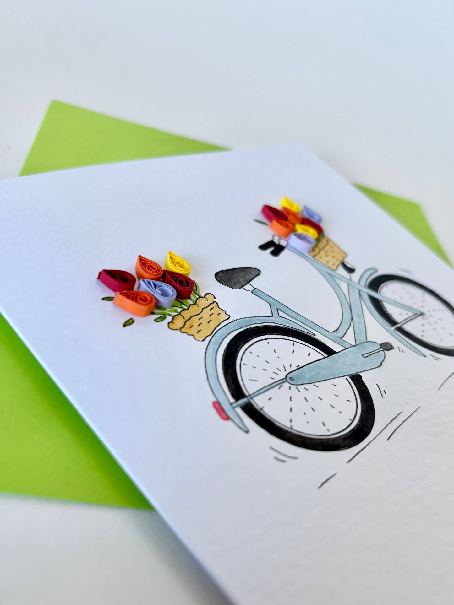 Hand Painted Bicycle Card with Quilled 3D Paper Tulips