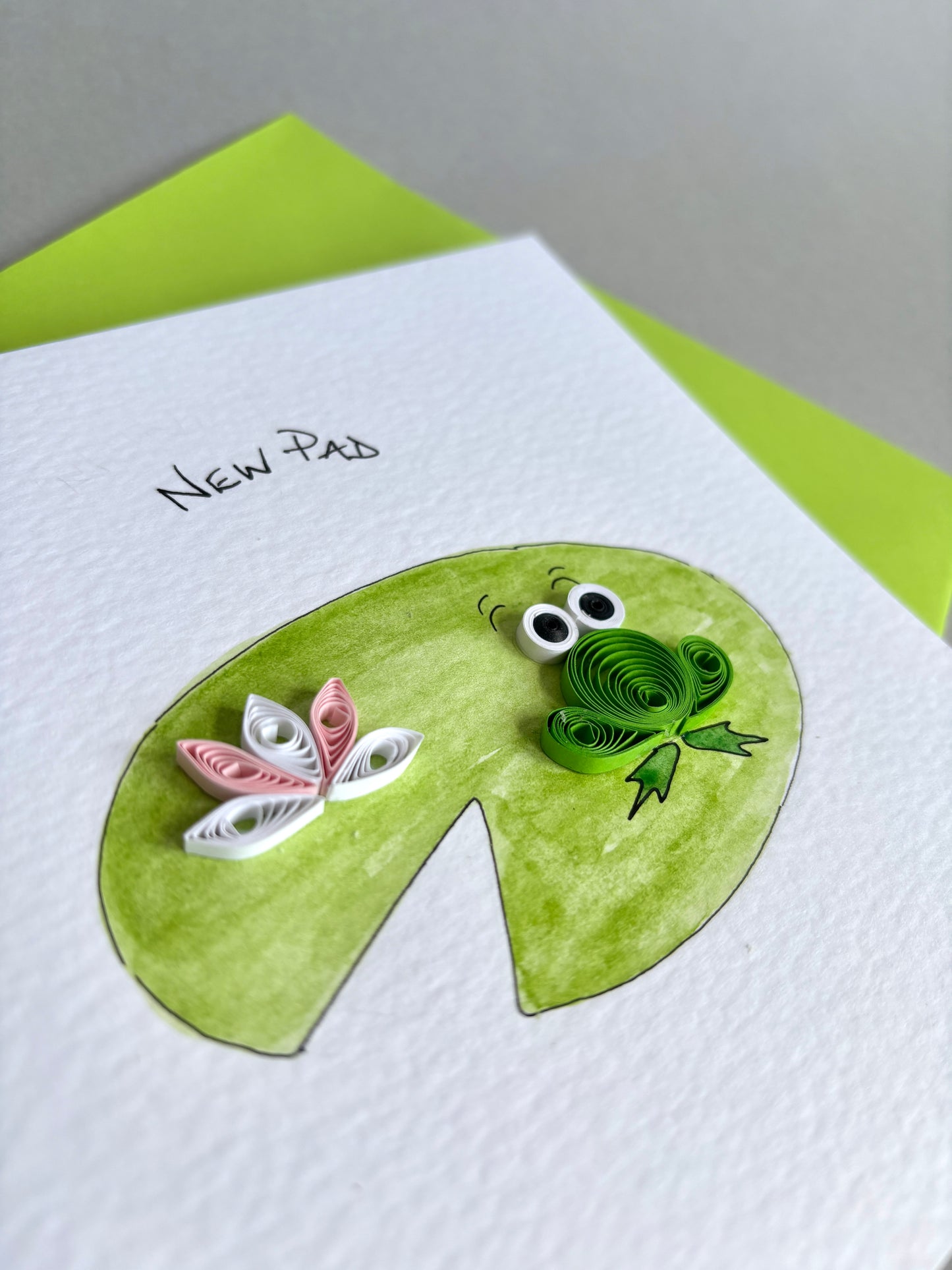Handmade 3D New Home Card - New Pad - Quilled Frog & Flower on Hand Painted Lily Pad