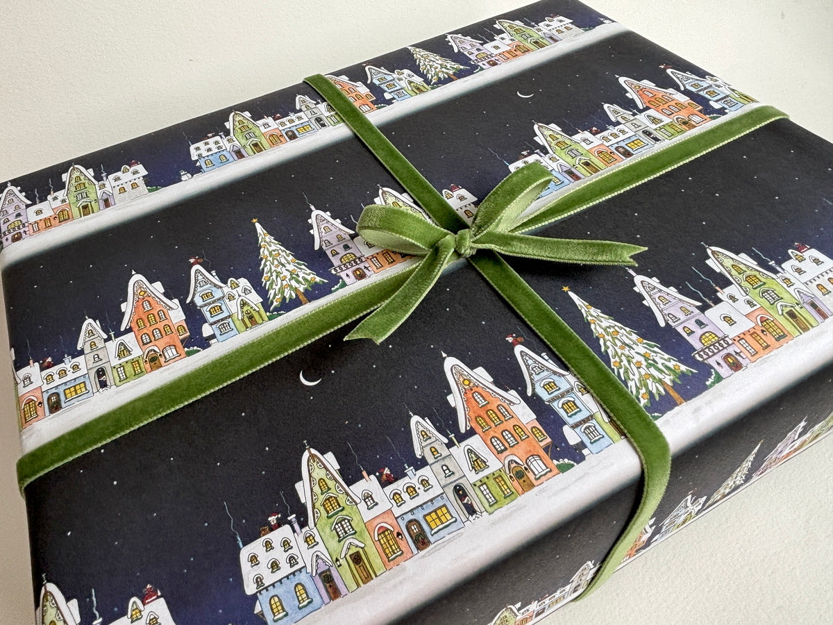 Christmas Wrapping Paper – Snowy Christmas Eve Village - Original Watercolour Gift Wrap