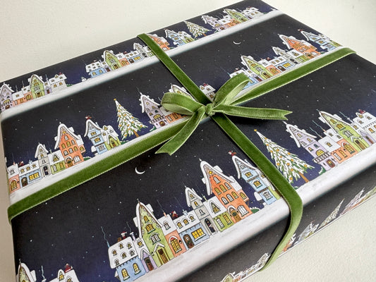 Christmas Wrapping Paper – Snowy Christmas Eve Village - Original Watercolour Gift Wrap