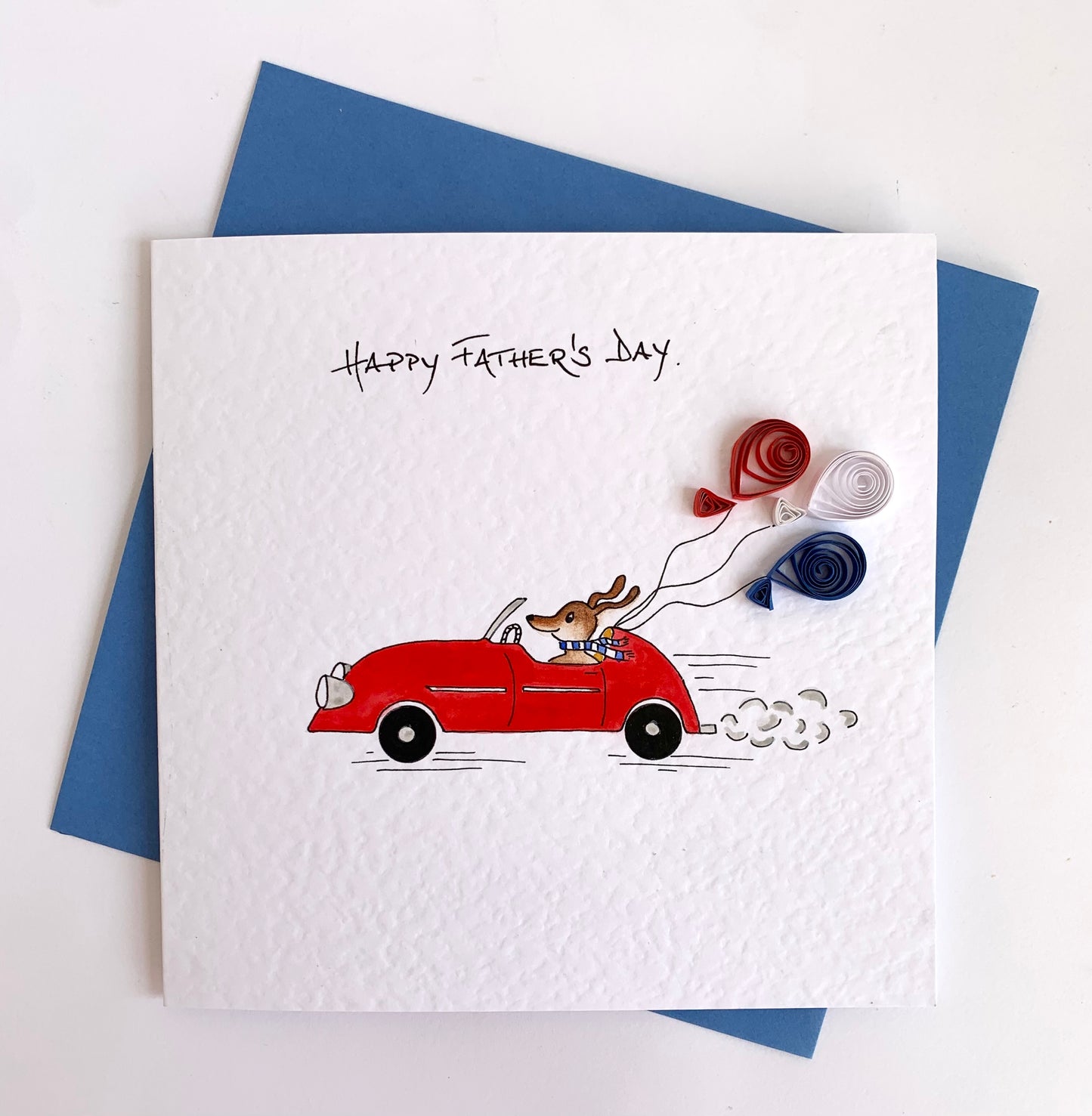 Handmade Funny Father’s Day Card - Hand Painted Dog in Sports Car with Quilled Balloons