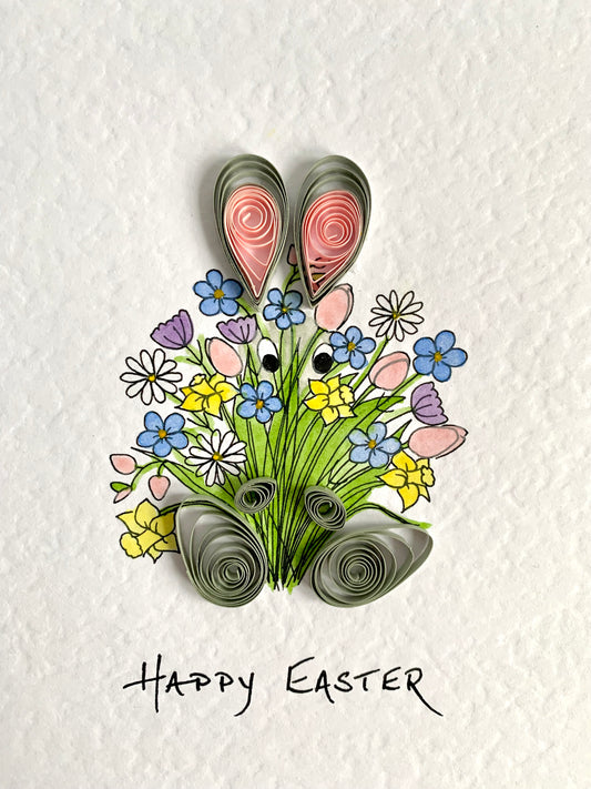 Hand Painted Quilled Easter Card - Peek-a-Boo!- Quilled Bunny with Spring Flower Bouquet