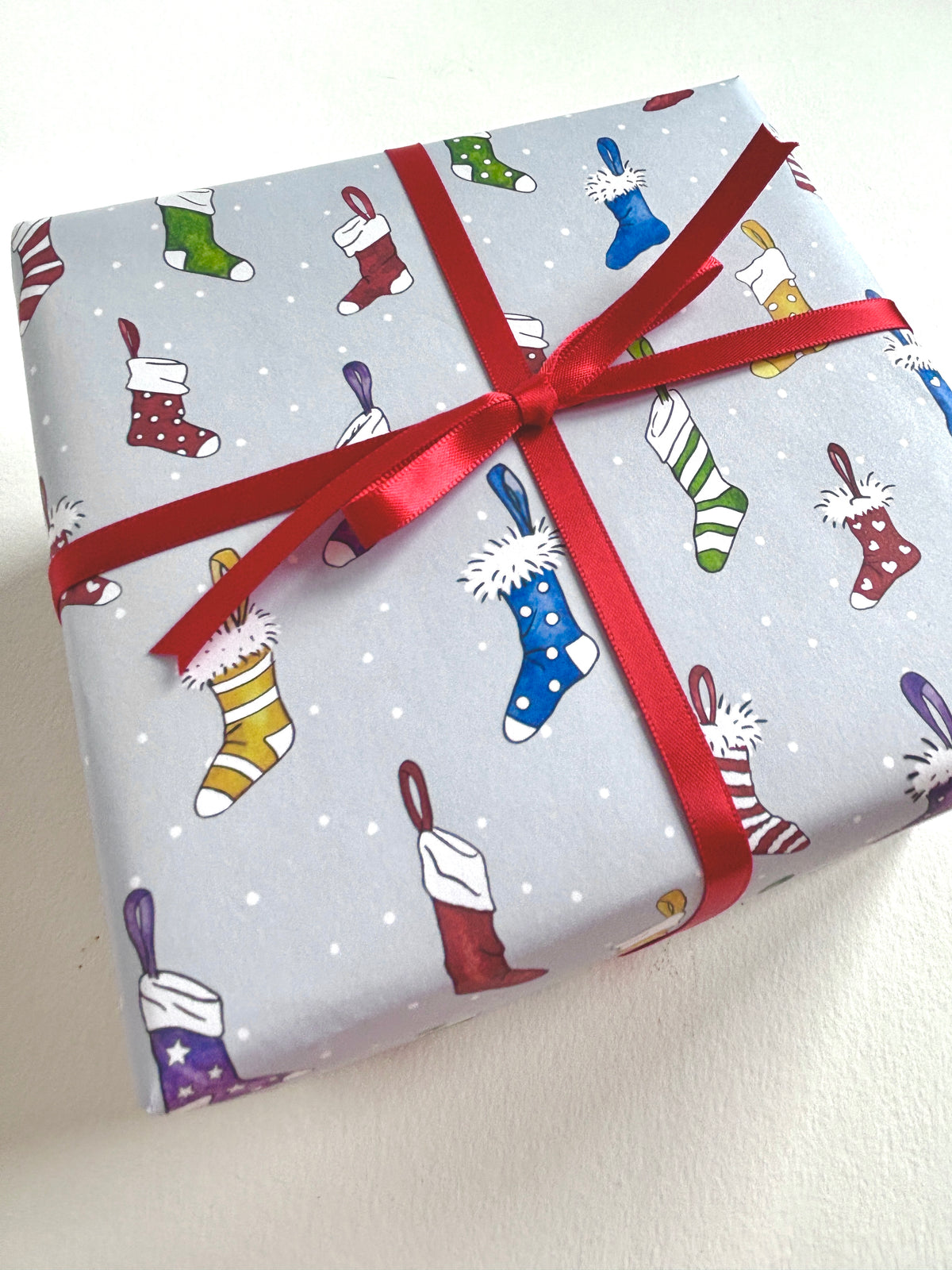 Christmas Wrapping Paper – Colourful Stockings with Snow - Original Watercolour Gift Wrap