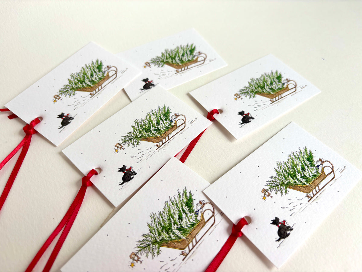 6 Snow Dog Christmas Gift Tags – Christmas Tree Sleigh Labels with Red Ribbon