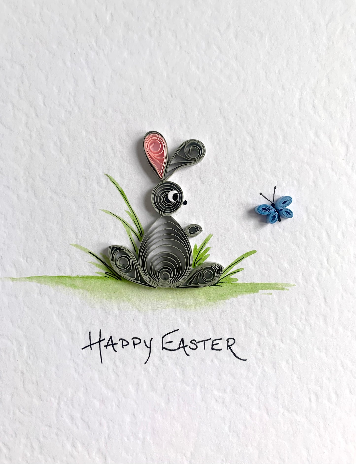 Handmade Easter Bunny Card - Quilled Bunny with Butterfly - Hand Painted
