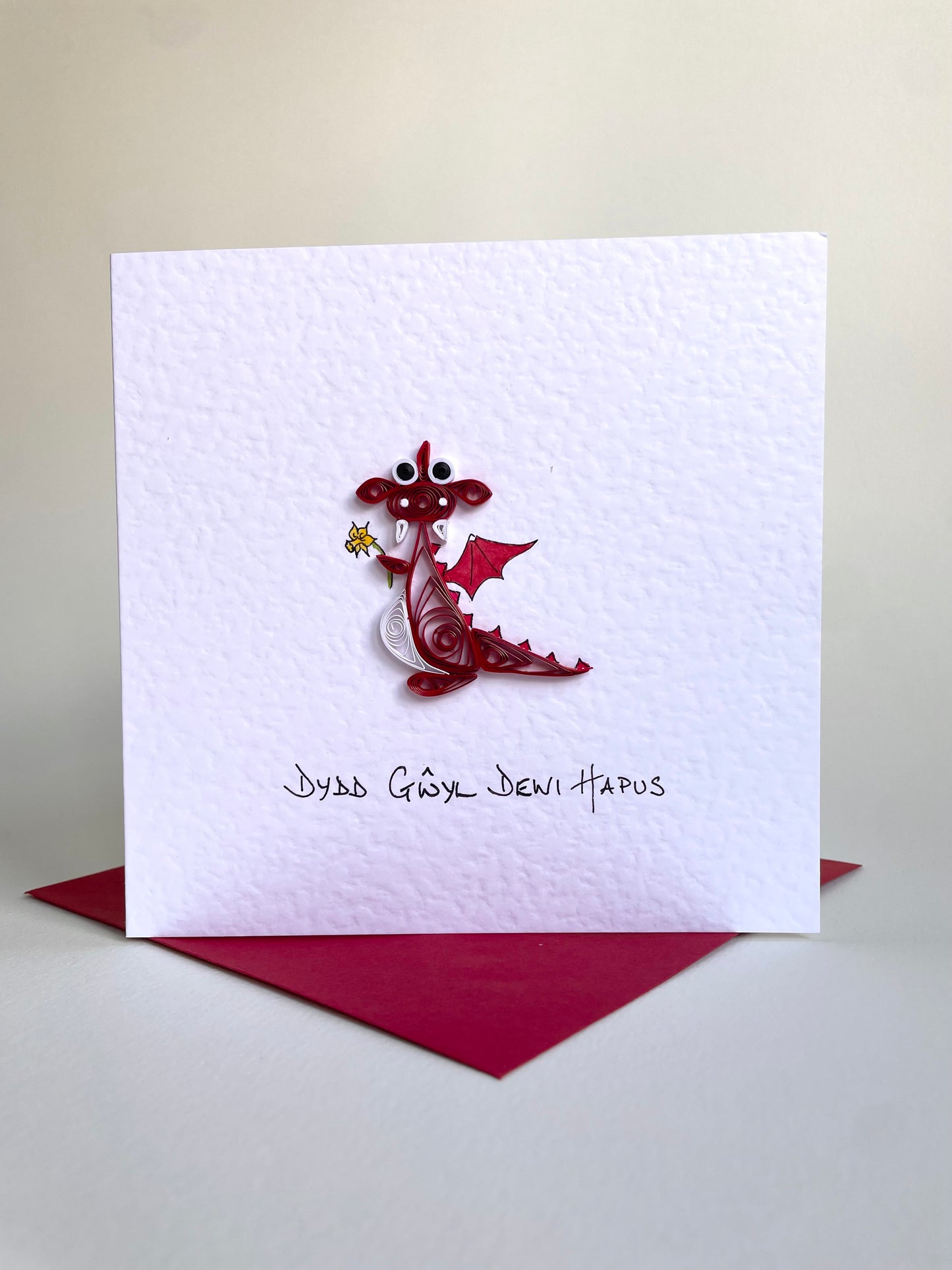 Dydd Gŵyl Dewi Hapus - Handmade St David’s Day Card - 3D Welsh Dragon with Daffodil