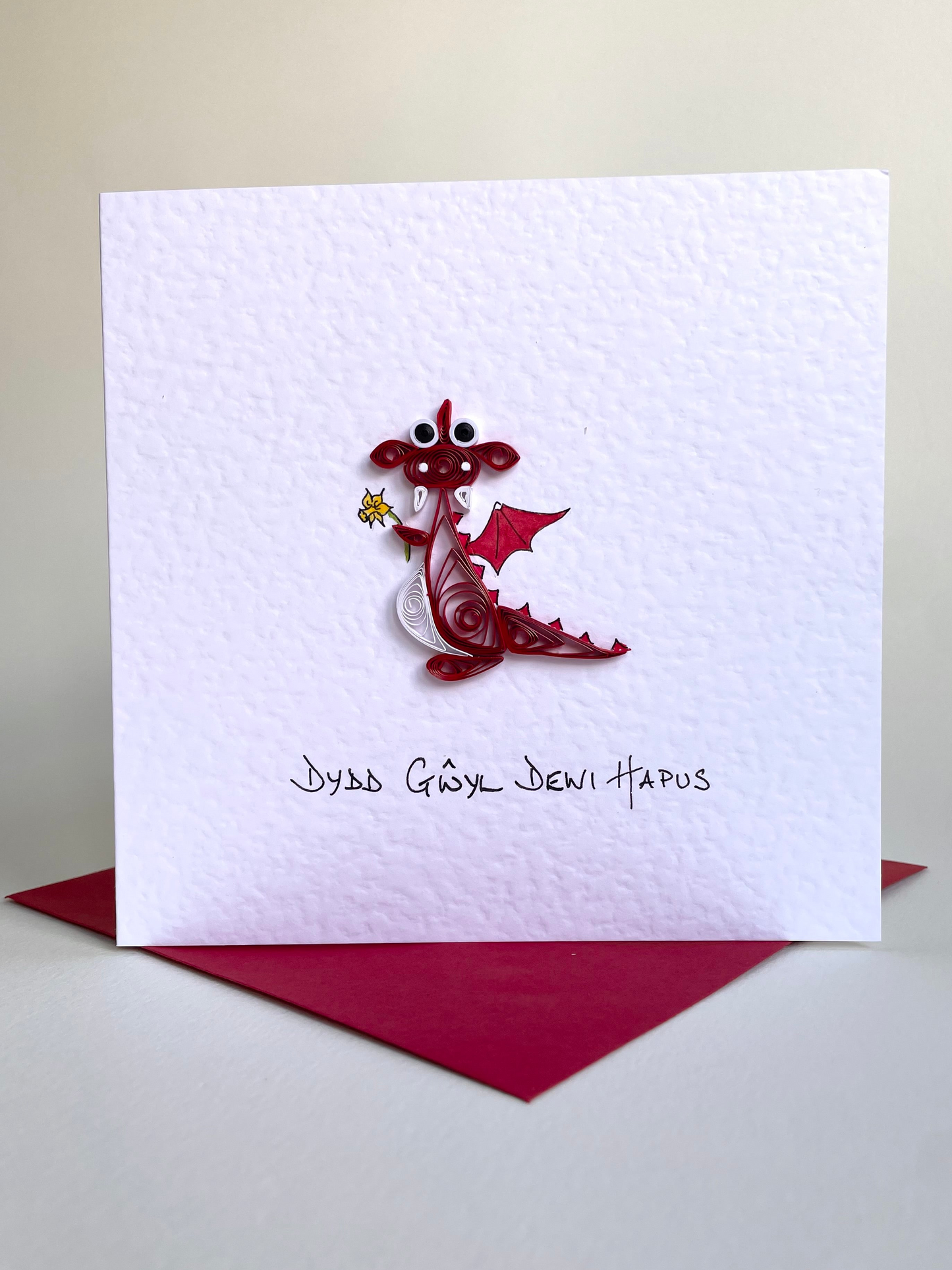 Dydd Gŵyl Dewi Hapus - Handmade St David’s Day Card - 3D Welsh Dragon with Daffodil
