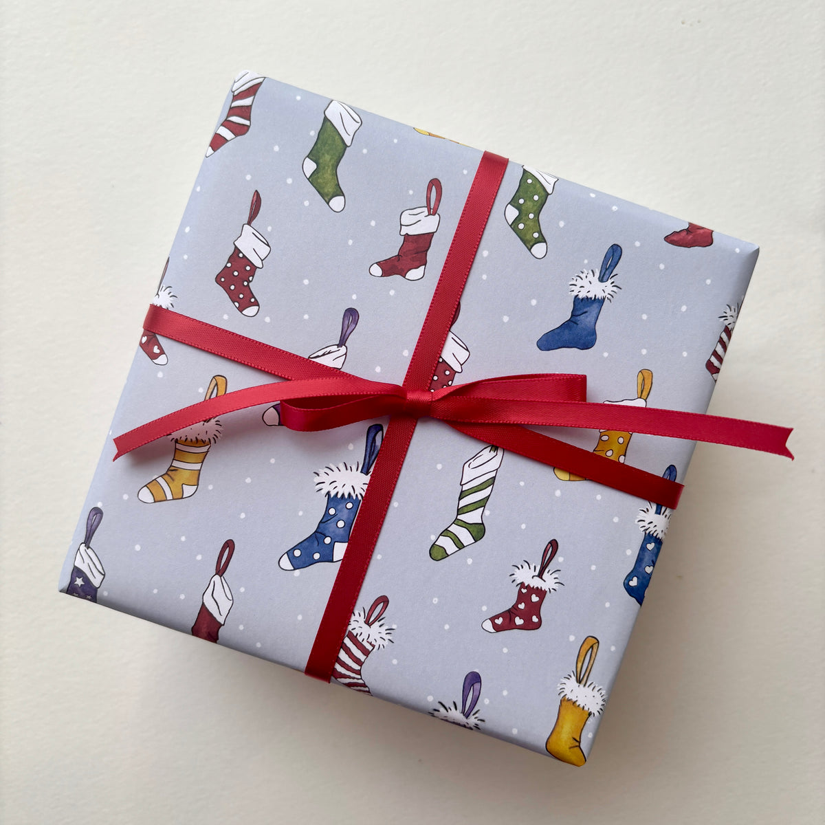 Christmas Wrapping Paper – Colourful Stockings with Snow - Original Watercolour Gift Wrap