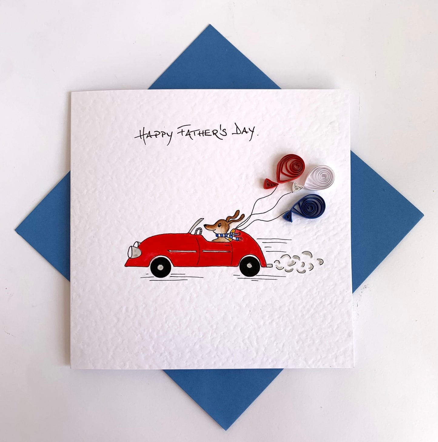 Handmade Funny Father’s Day Card - Hand Painted Dog in Sports Car with Quilled Balloons