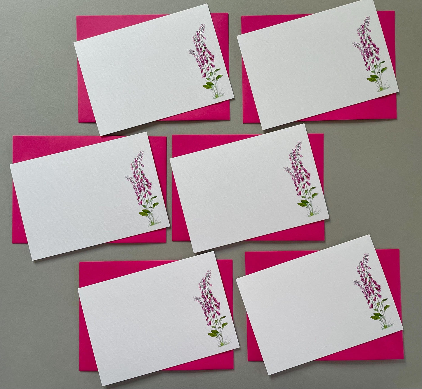 Elegant floral stationery set showing 6 foxglove cards with coloured envelopes 