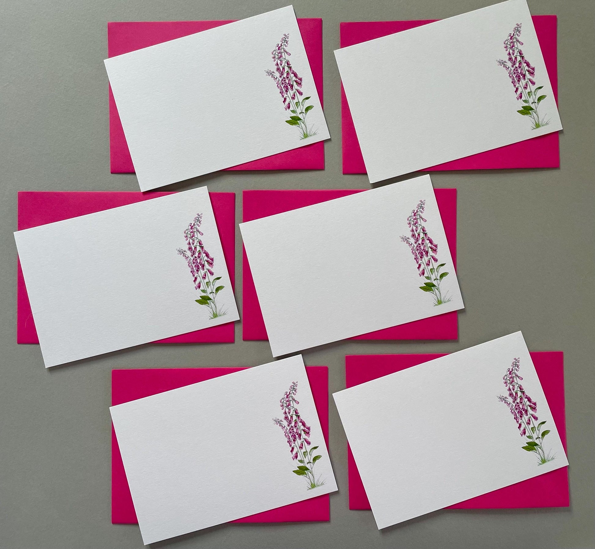 Elegant floral stationery set showing 6 foxglove cards with coloured envelopes 