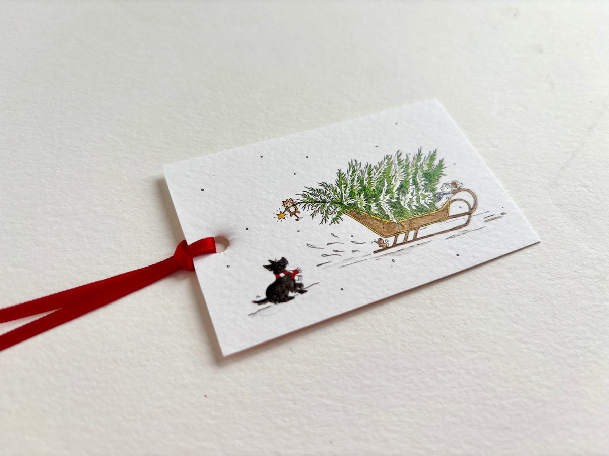6 Snow Dog Christmas Gift Tags – Christmas Tree Sleigh Labels with Red Ribbon