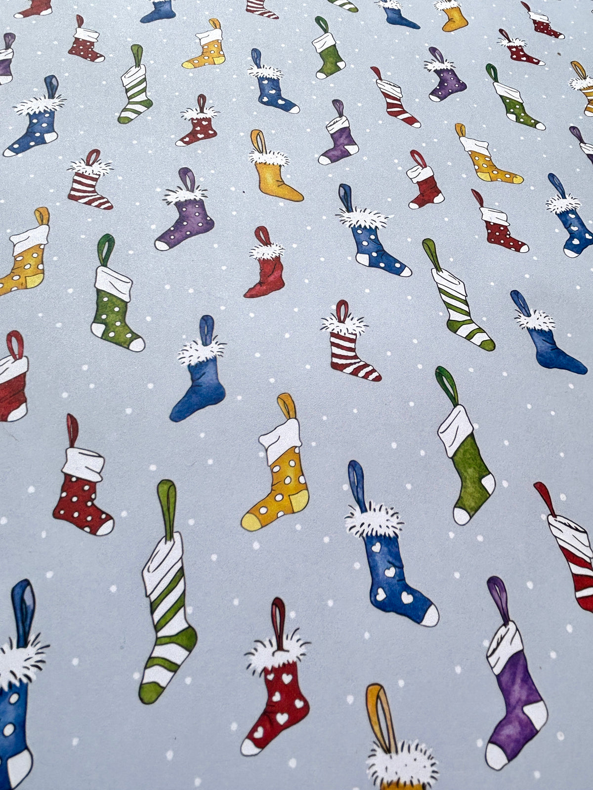 Christmas Wrapping Paper – Colourful Stockings with Snow - Original Watercolour Gift Wrap