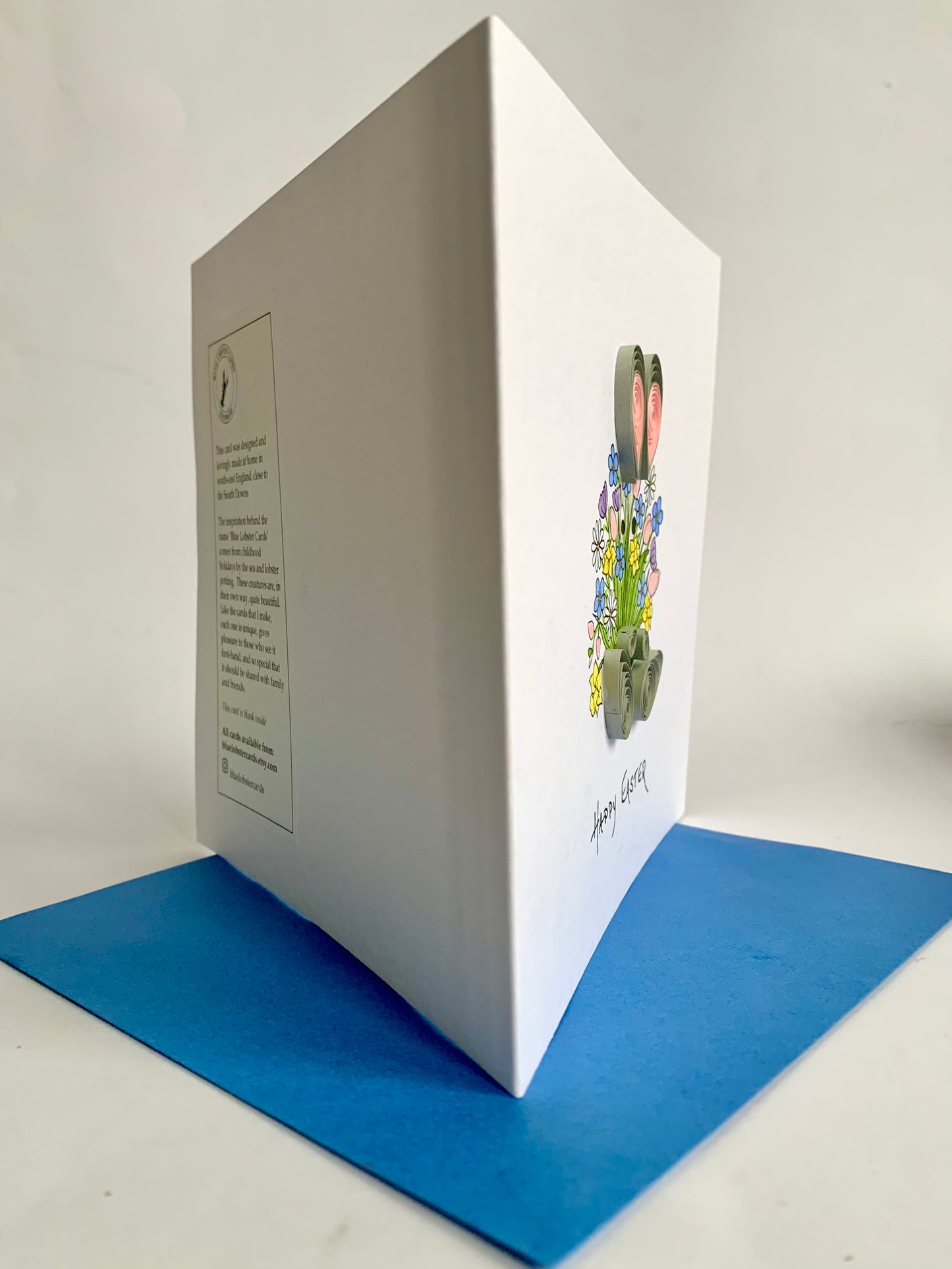 Hand Painted Quilled Easter Card - Peek-a-Boo!- Quilled Bunny with Spring Flower Bouquet