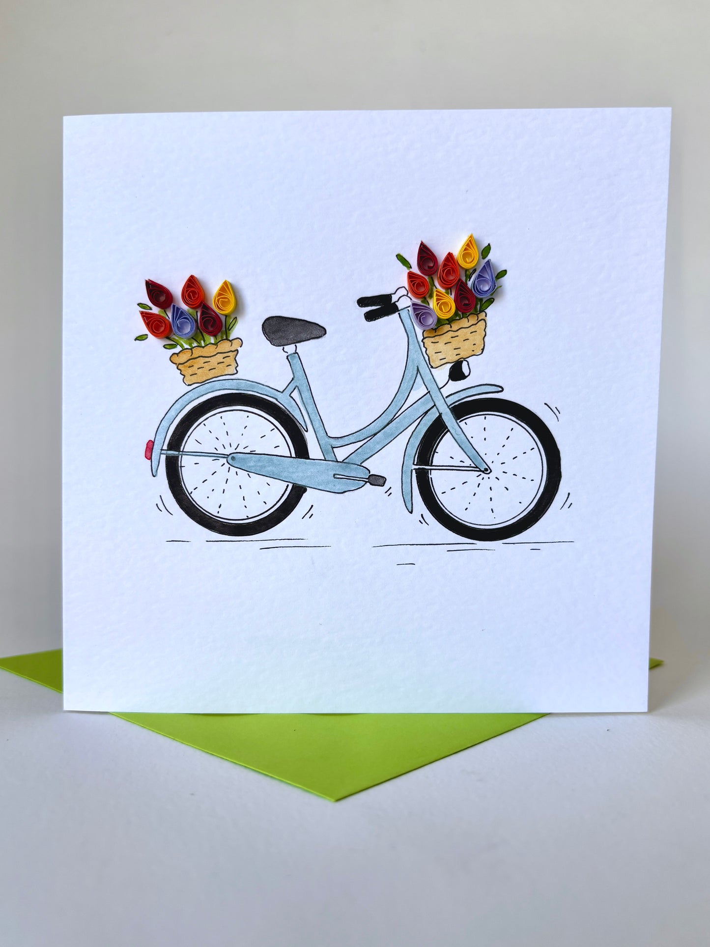 Hand Painted Bicycle Card with Quilled 3D Paper Tulips
