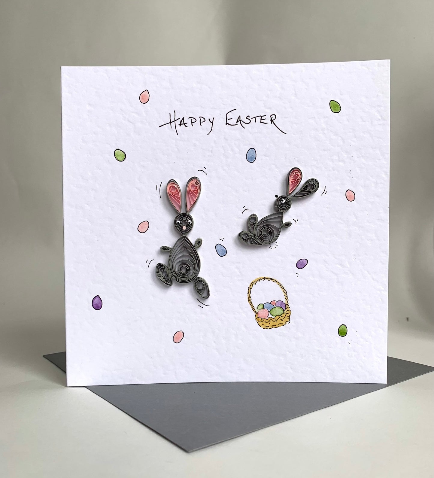 Handmade Quilled Bunny Easter Card - 3D Bunnies and Easter Eggs
