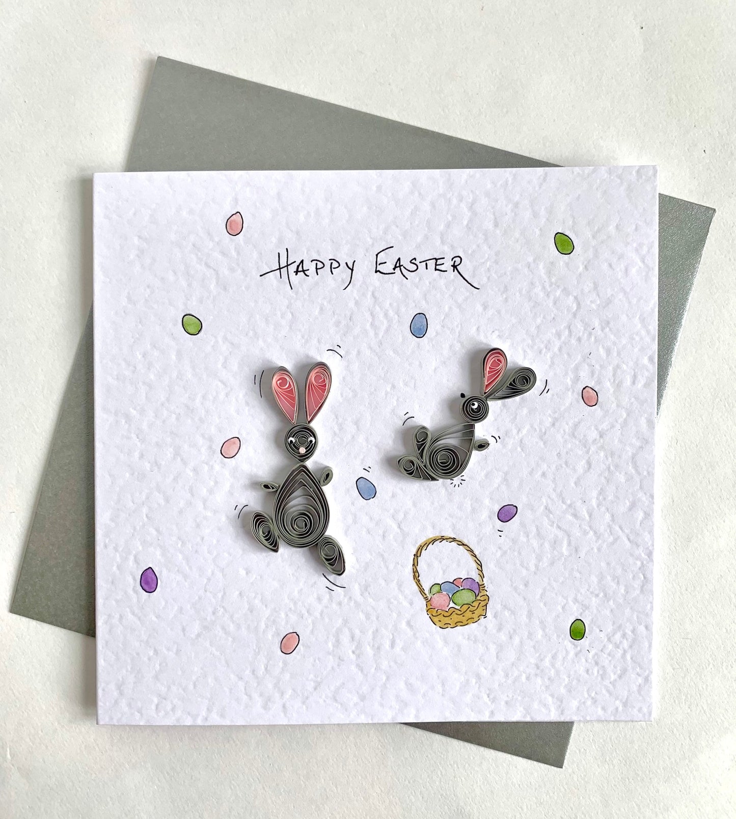 Handmade Quilled Bunny Easter Card - 3D Bunnies and Easter Eggs