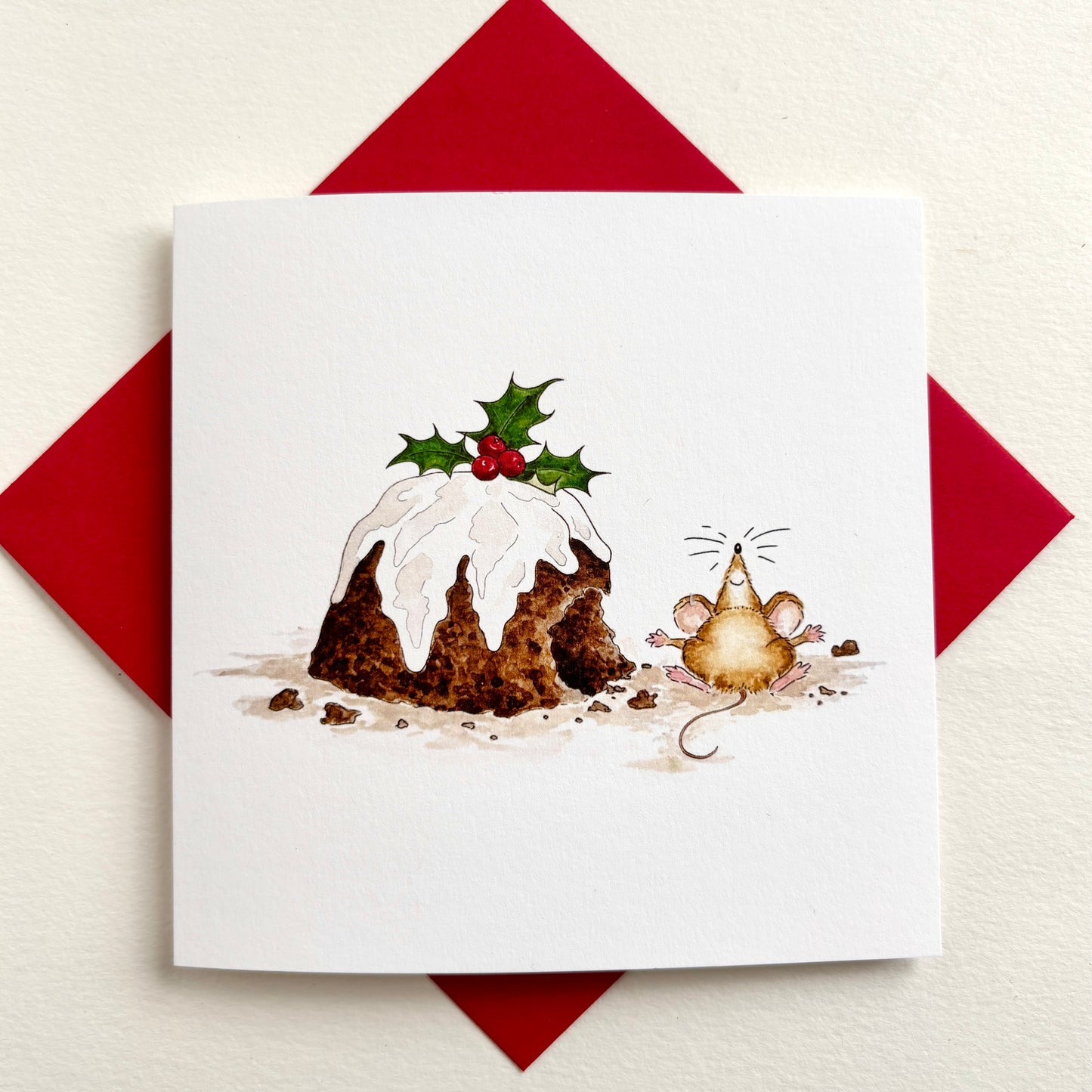 Single Animal Charity Christmas Card – The Christmas Pudding Mouse – Original Watercolour