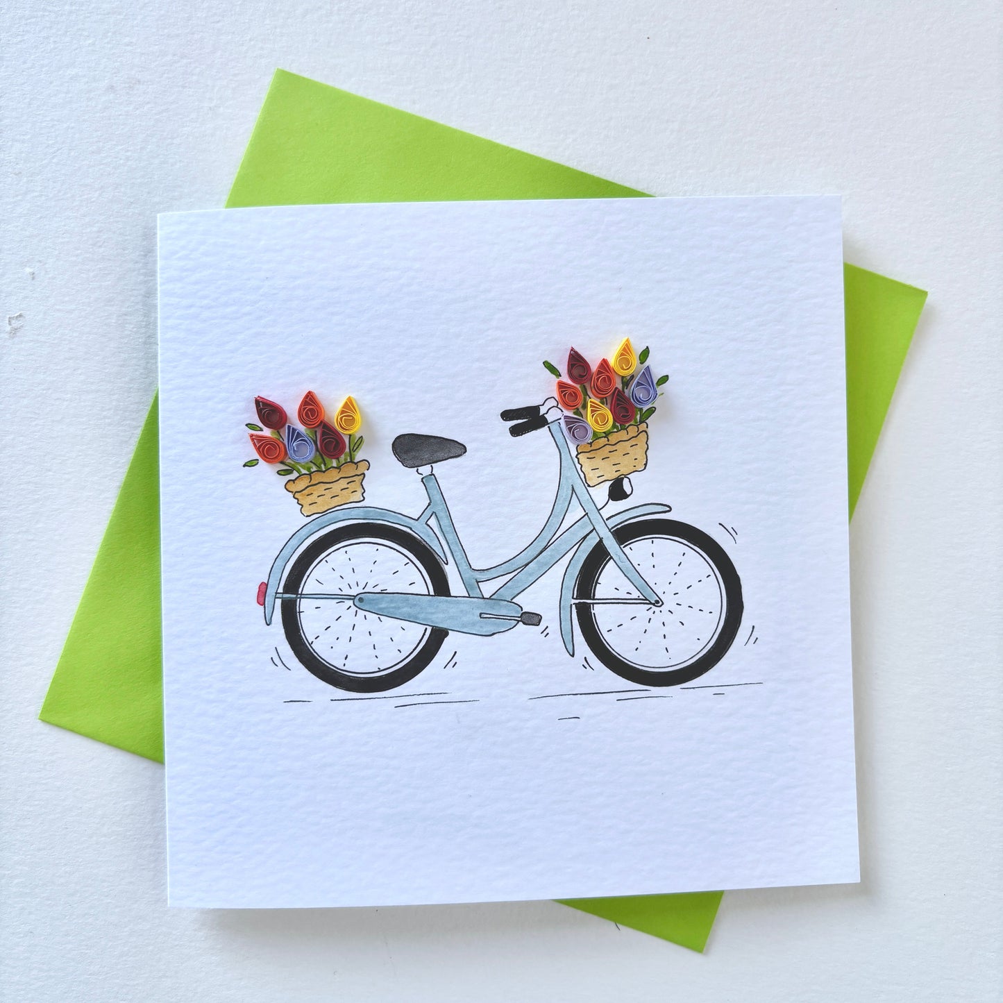 Hand Painted Bicycle Card with Quilled 3D Paper Tulips