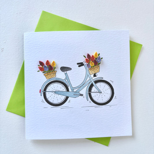 Hand Painted Bicycle Card with Quilled 3D Paper Tulips