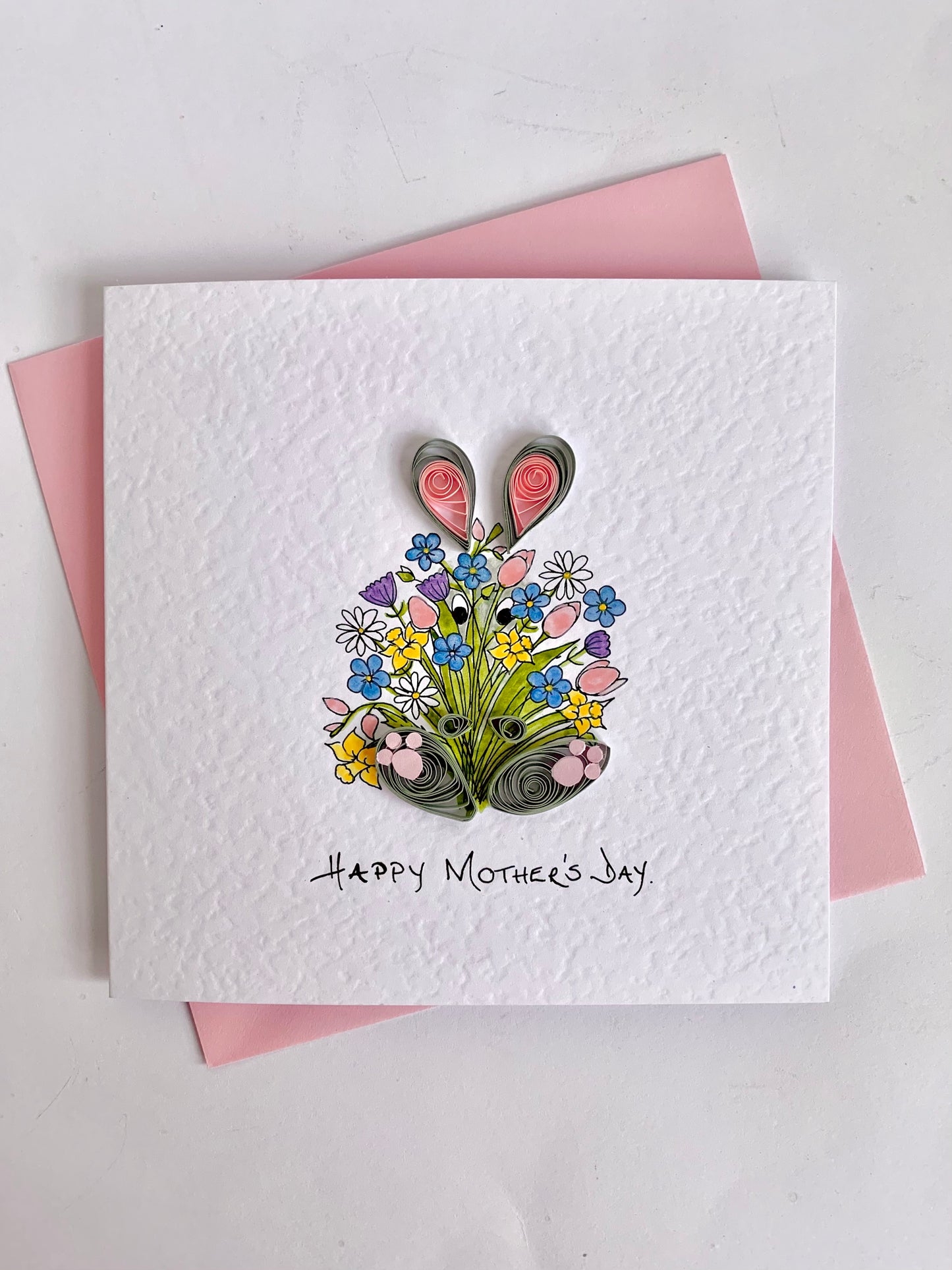 Hand Painted Mother’s Day Card - Peek-a-Boo!- Quilled Bunny with Spring Flower Bouquet