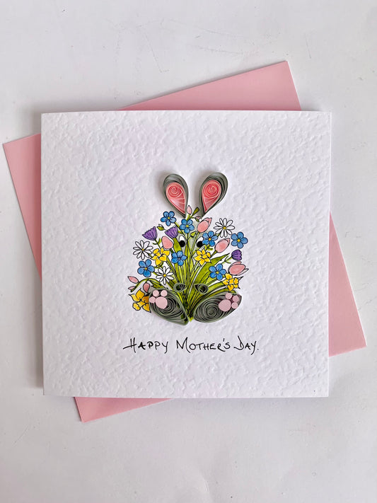 Hand Painted Mother’s Day Card - Peek-a-Boo!- Quilled Bunny with Spring Flower Bouquet