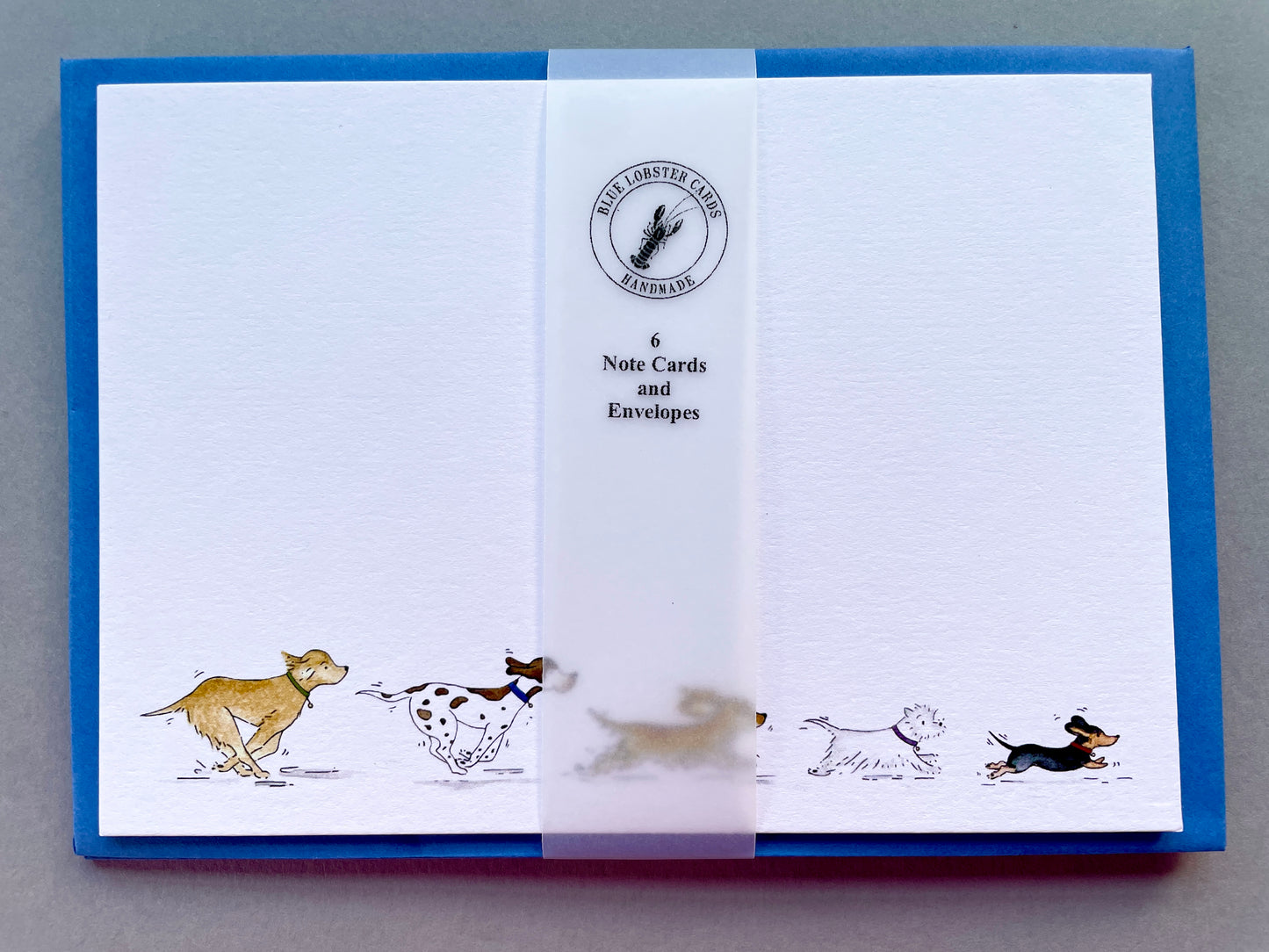 Set of 6 note cards with illustrations of dogs on a blue border