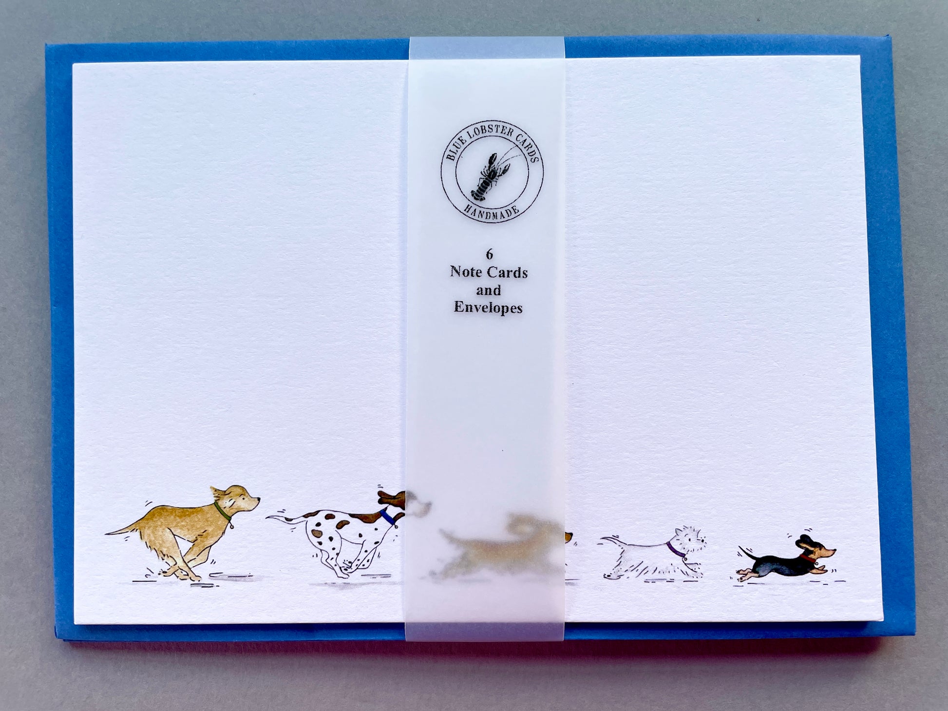 Set of 6 note cards with illustrations of dogs on a blue border