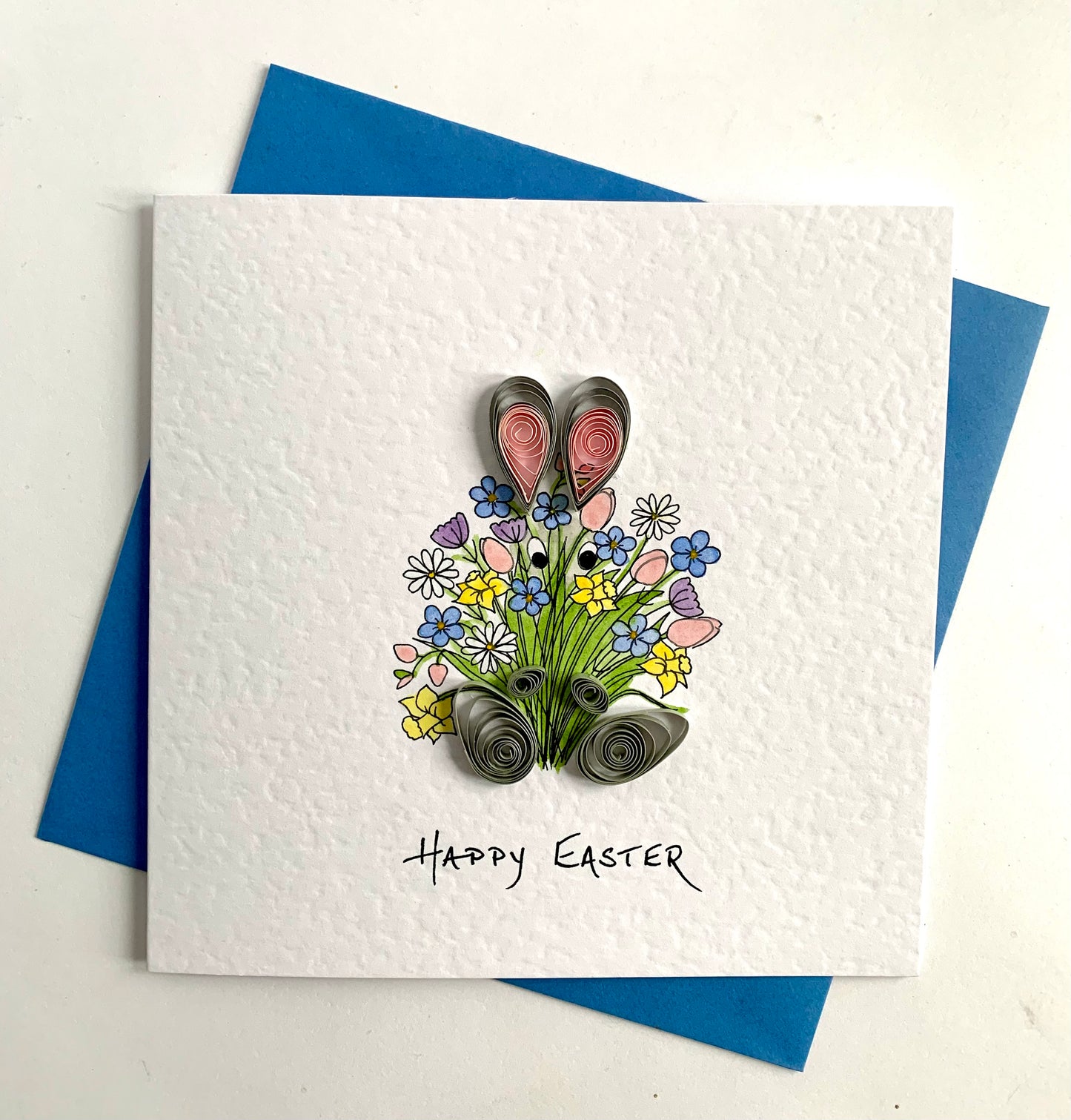 Hand Painted Quilled Easter Card - Peek-a-Boo!- Quilled Bunny with Spring Flower Bouquet