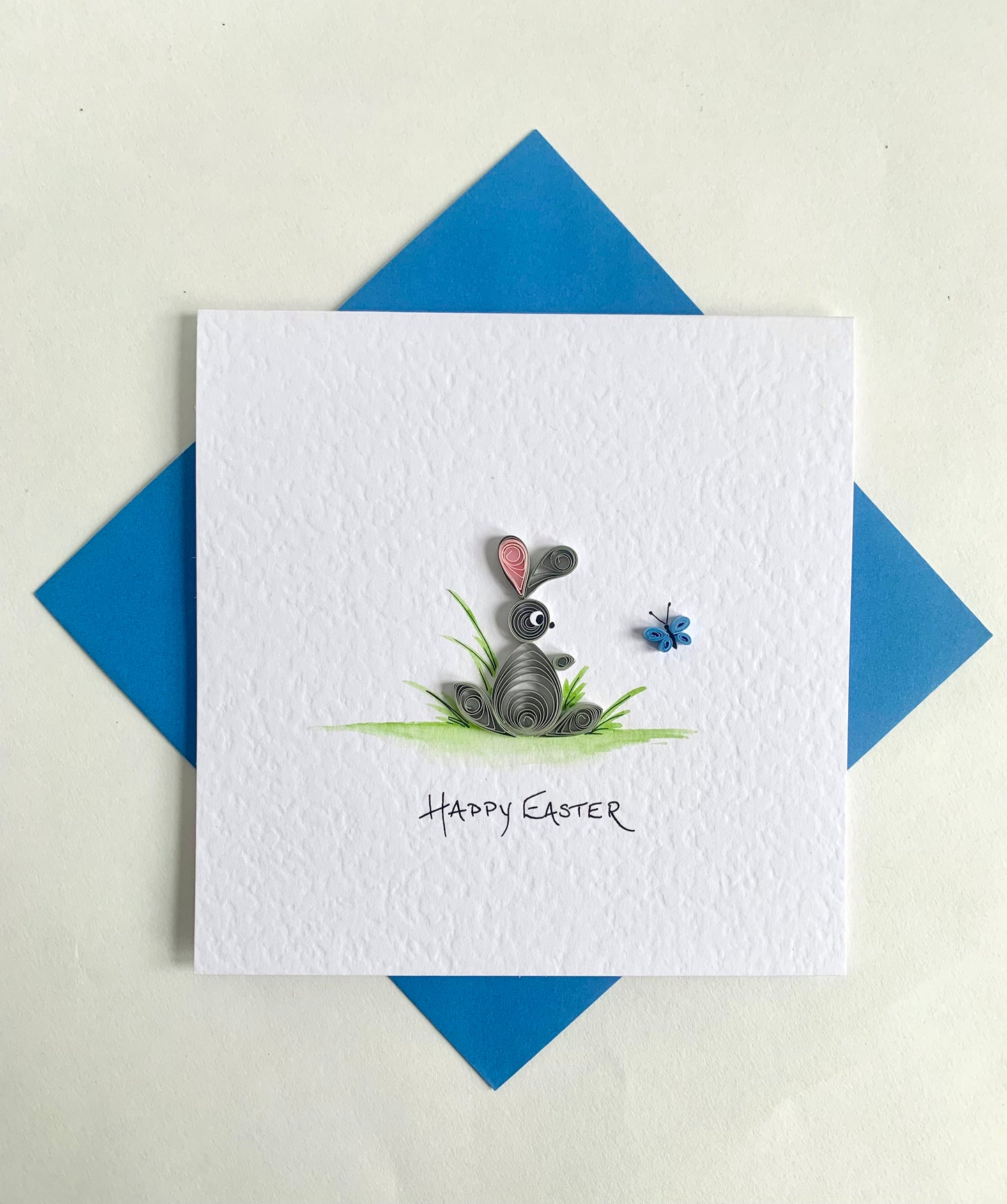Handmade Easter Bunny Card - Quilled Bunny with Butterfly - Hand Painted