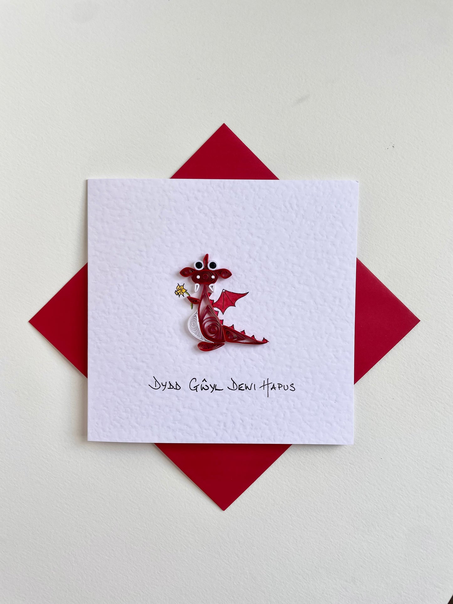 Dydd Gŵyl Dewi Hapus - Handmade St David’s Day Card - 3D Welsh Dragon with Daffodil