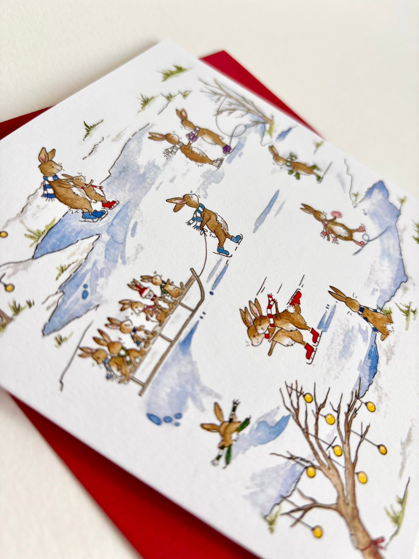 Rabbit Christmas Card - Skating Bunnies Winter Scene - Single Card