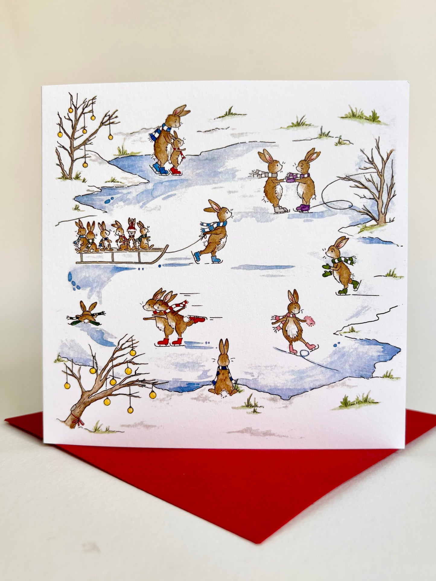 Rabbit Christmas Card - Skating Bunnies Winter Scene - Single Card