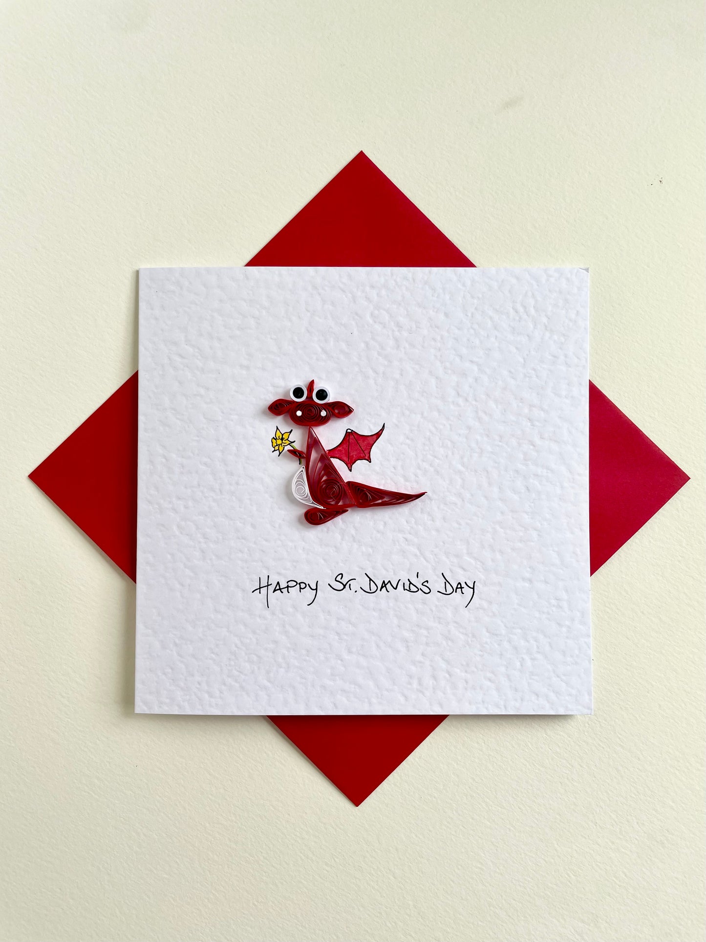 Handmade St David’s Day Card - Quilled 3D Welsh Dragon with Daffodil